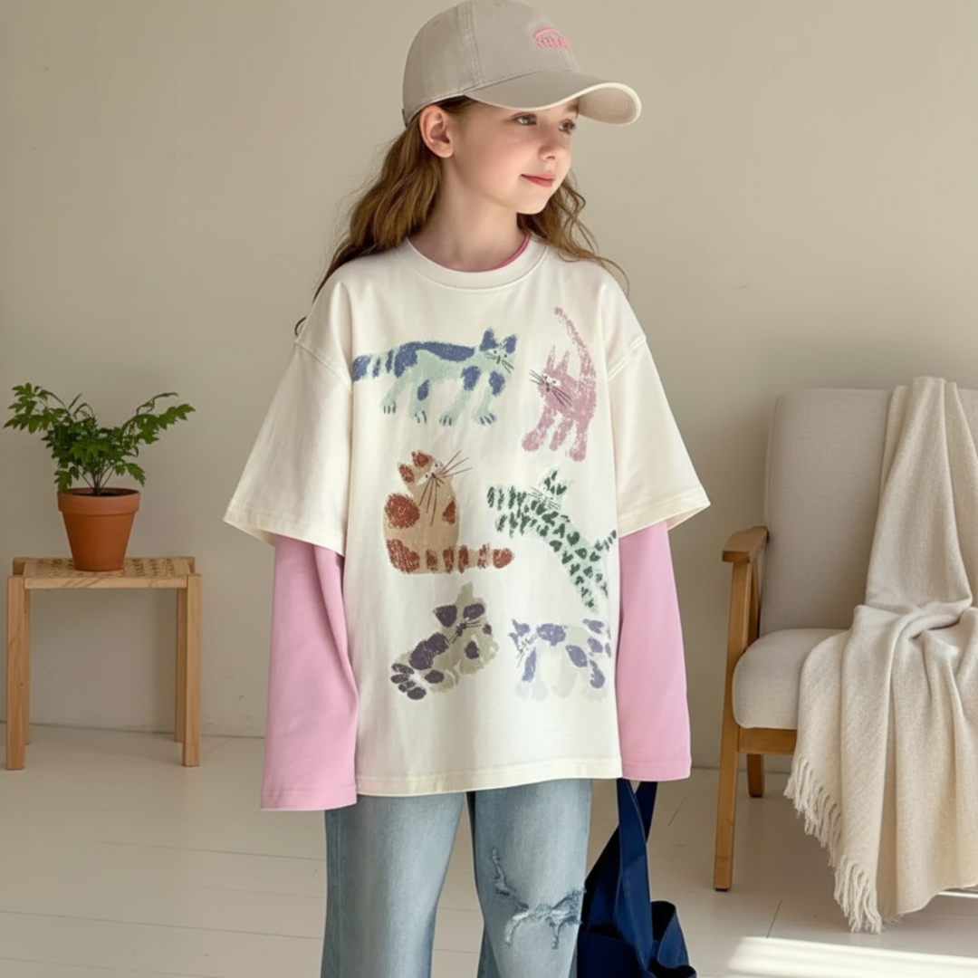 Standing girl modeling the cream cat-print top with pink long sleeves and blue jeans