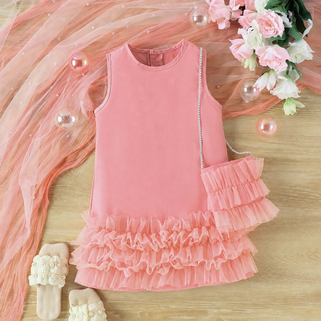 Pink sleeveless party dress with layered hem ruffles and a matching ruffled bag