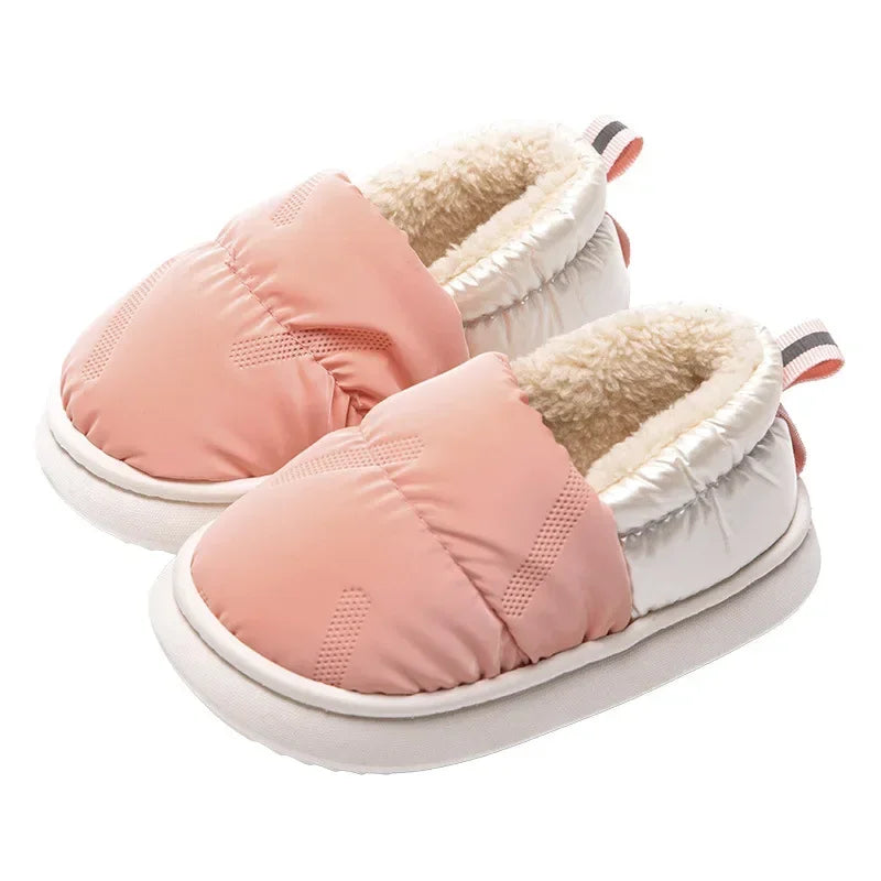 Pink slip-on slippers with cream plush lining and striped heel loops
