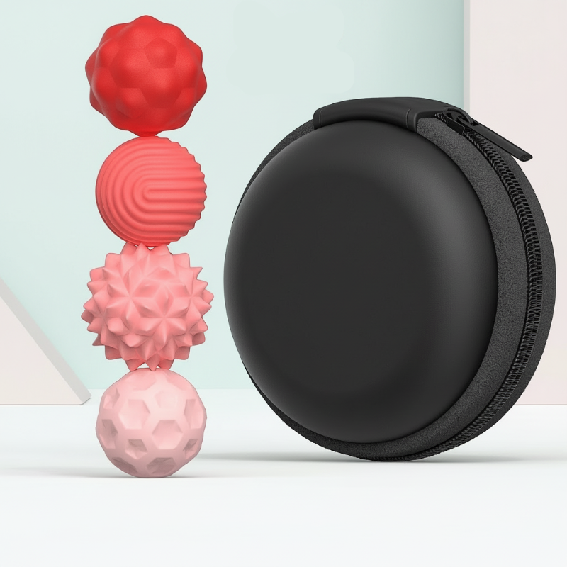Four small pink and red textured magnetic beads beside a round black zippered case