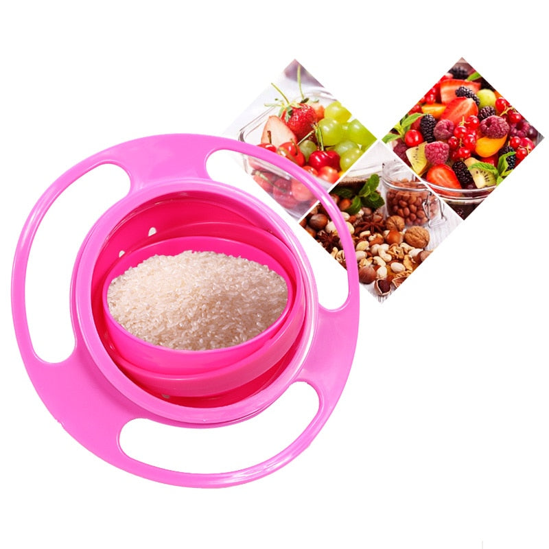 Pink rotating snack bowl holding rice, shown with examples of fruit and other foods