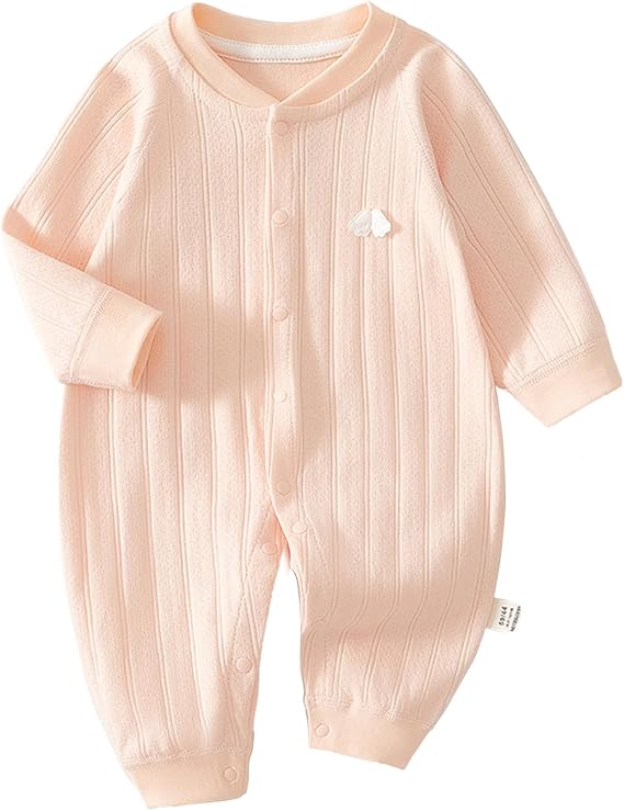 Pink cotton baby pajamas with ribbed cuffs and a snap-front opening