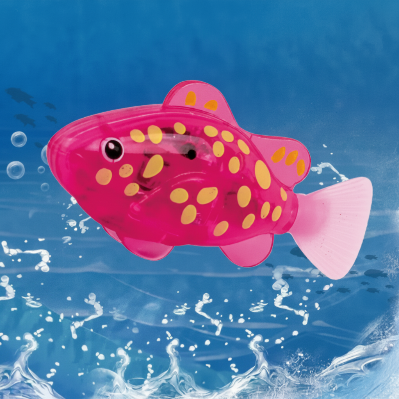 Pink spotted boxfish bath toy with yellow dots and a pale pink tail