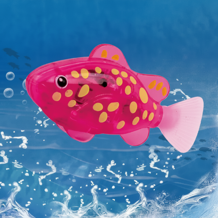 Pink spotted boxfish bath toy with yellow dots and a pale pink tail