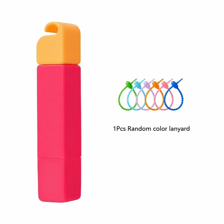 Pink stain remover pen with a yellow cap and assorted lanyard colors shown