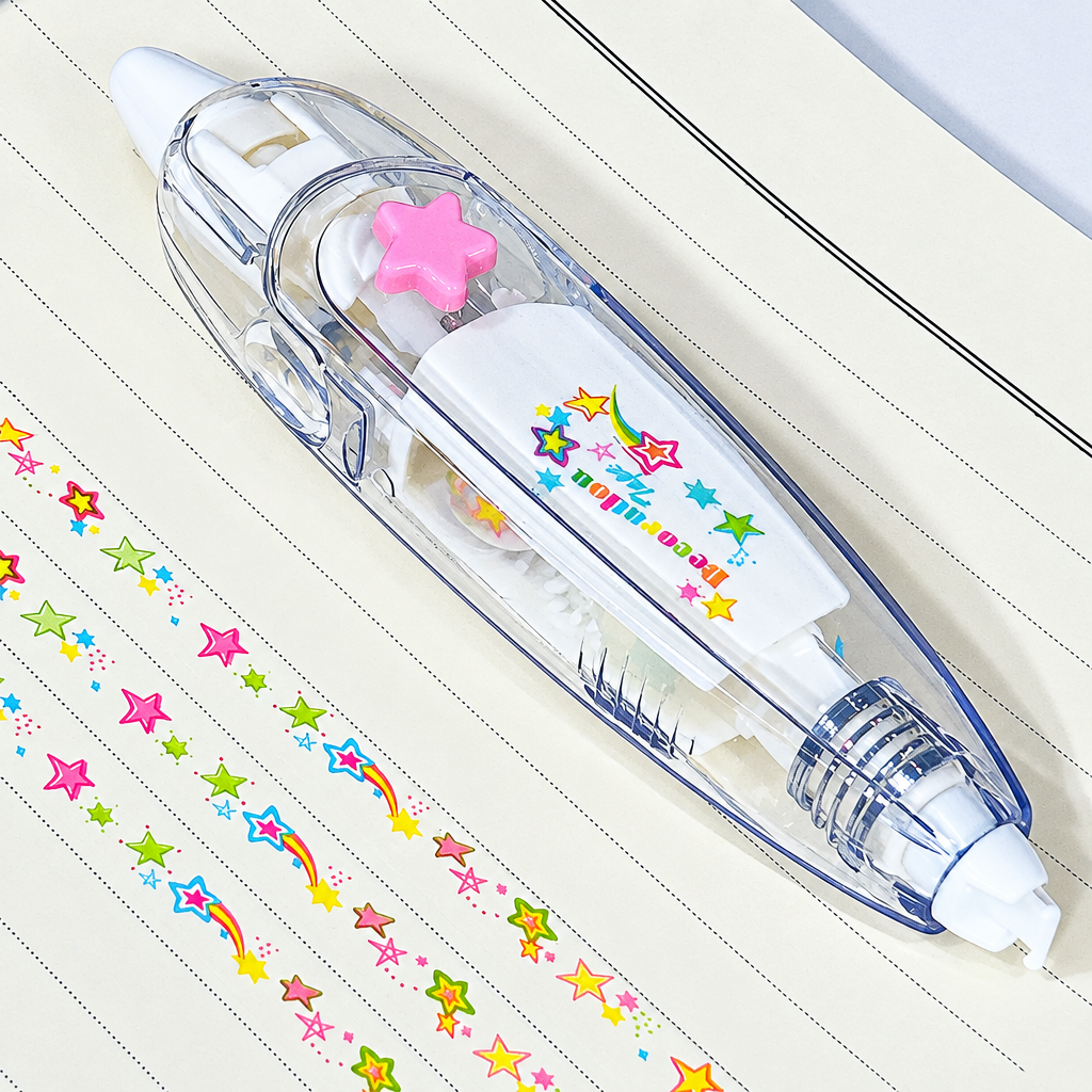 Clear decorative tape dispenser with a pink star detail beside rows of colorful star patterns.