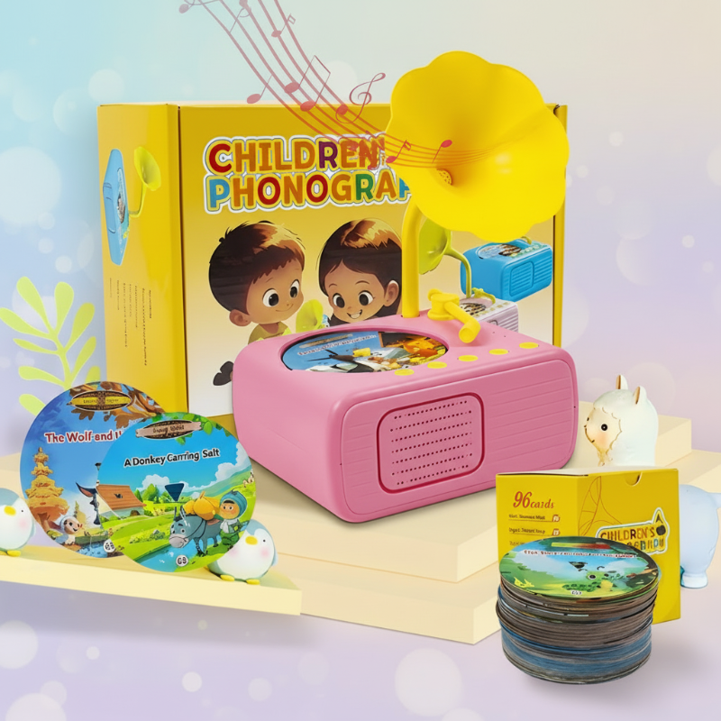 Pink story player displayed with illustrated circular cards and packaging