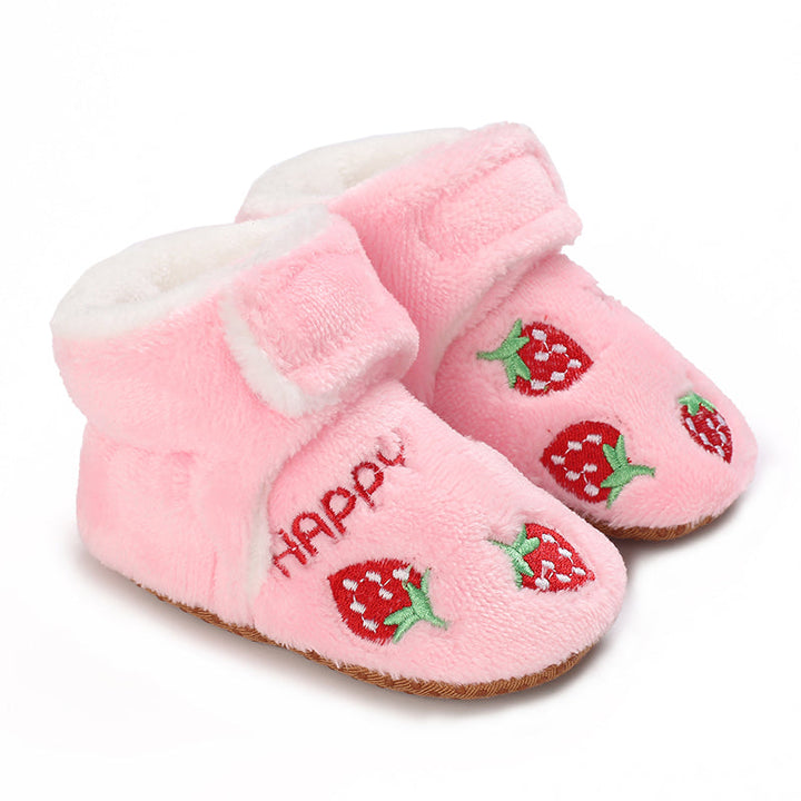 Pink baby slippers with strawberry embroidery, white lining and ankle straps