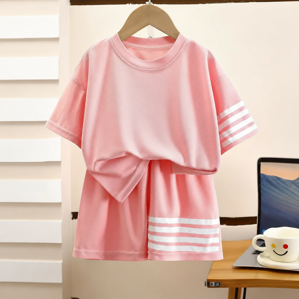 Pink T-shirt and shorts set on a hanger with white sleeve and shorts stripes.