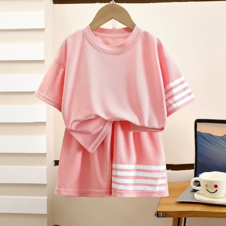 Pink T-shirt and shorts set on a hanger with white sleeve and shorts stripes.