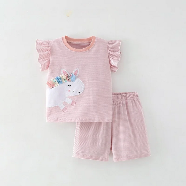 Pink striped unicorn top with flutter sleeves and coordinating pink shorts