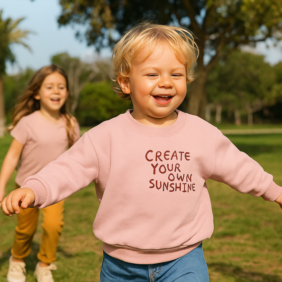 Smiling child wearing a pink sunshine sweatshirt with arms outstretched outdoors.