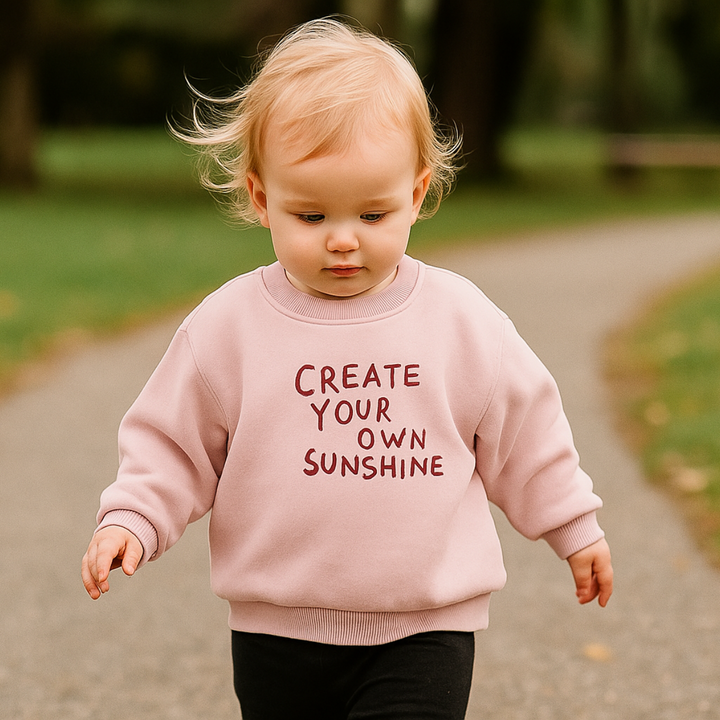 Child in a pink sunshine sweatshirt and dark pants standing on a park path.