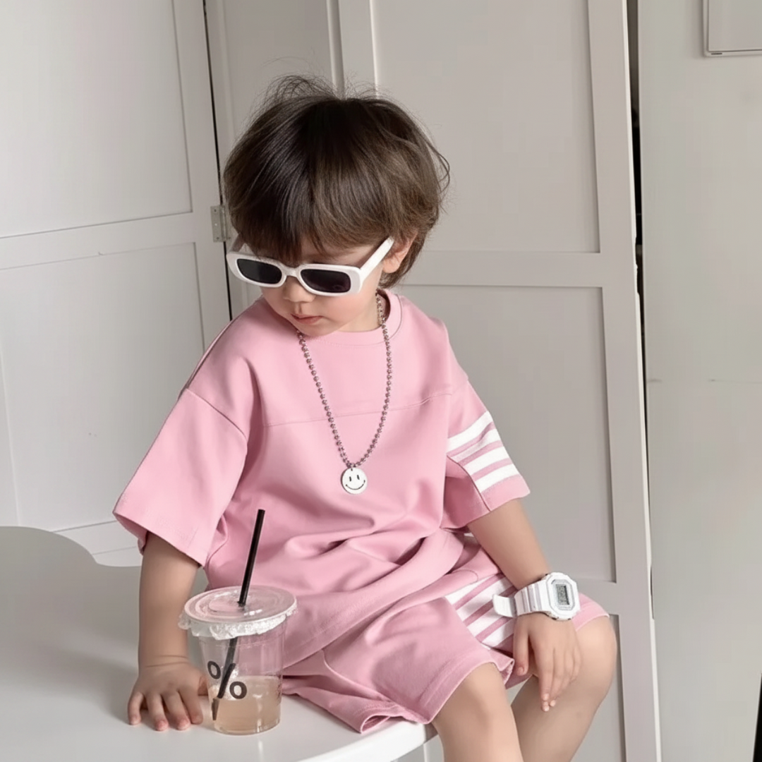 Child seated in the pink T-shirt and matching shorts with white stripe details.