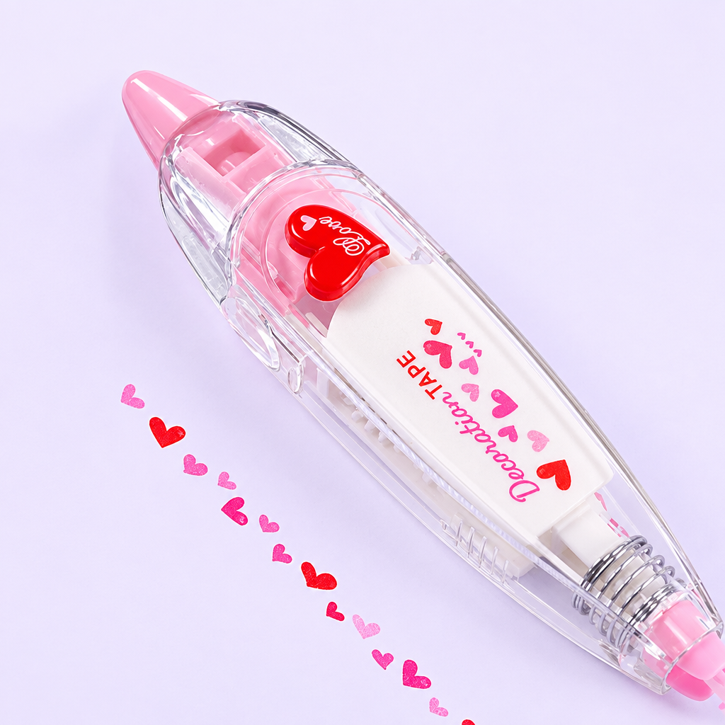 Pink-accented tape dispenser with a red heart detail beside a trail of pink and red hearts.