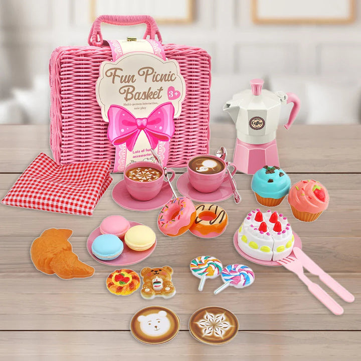 Pink tea party set with picnic basket, checkered cloth, toy moka pot, cups, and pretend treats