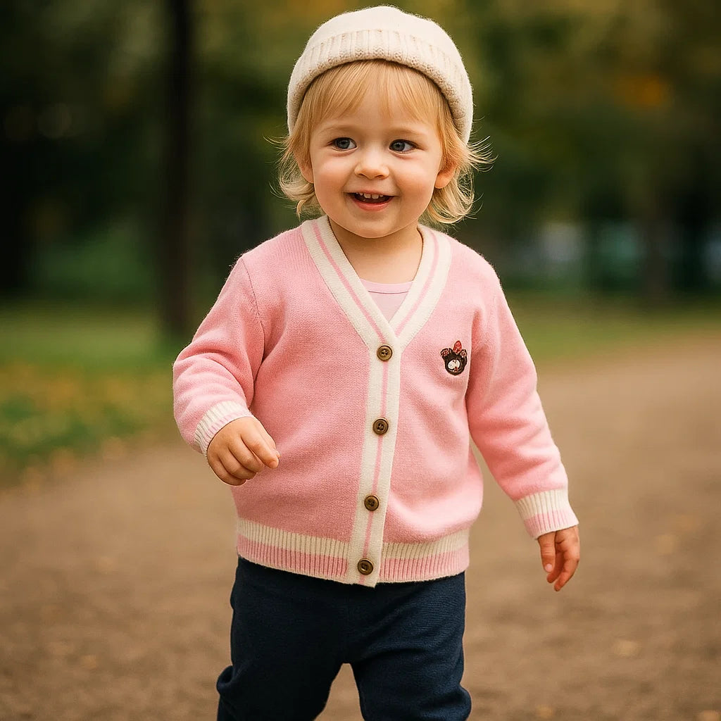 Child wearing a pink button-front teddy bear cardigan with dark pants and a knit hat outdoors