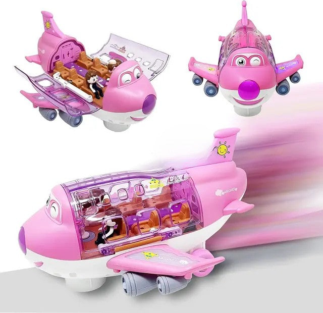 Pink toy airplane shown with its passenger cabin open and closed