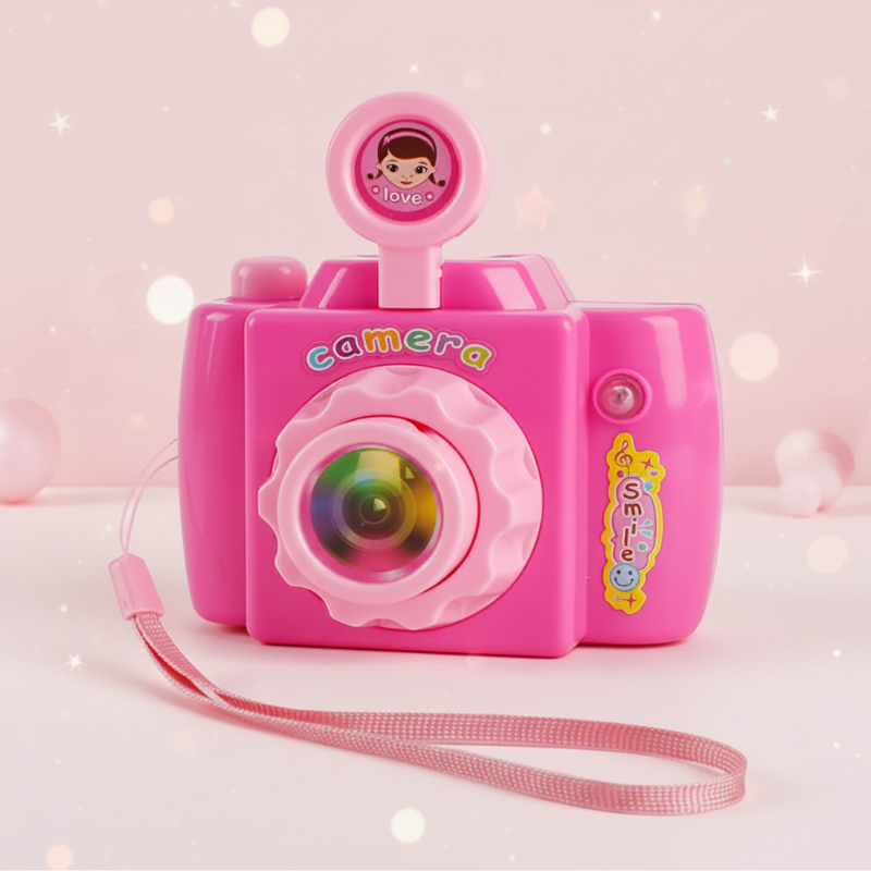 Pink toy camera with a wrist strap and round front lens