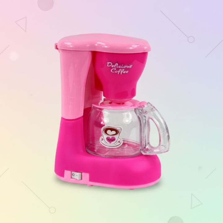 Pink toy coffee maker with a clear handled carafe