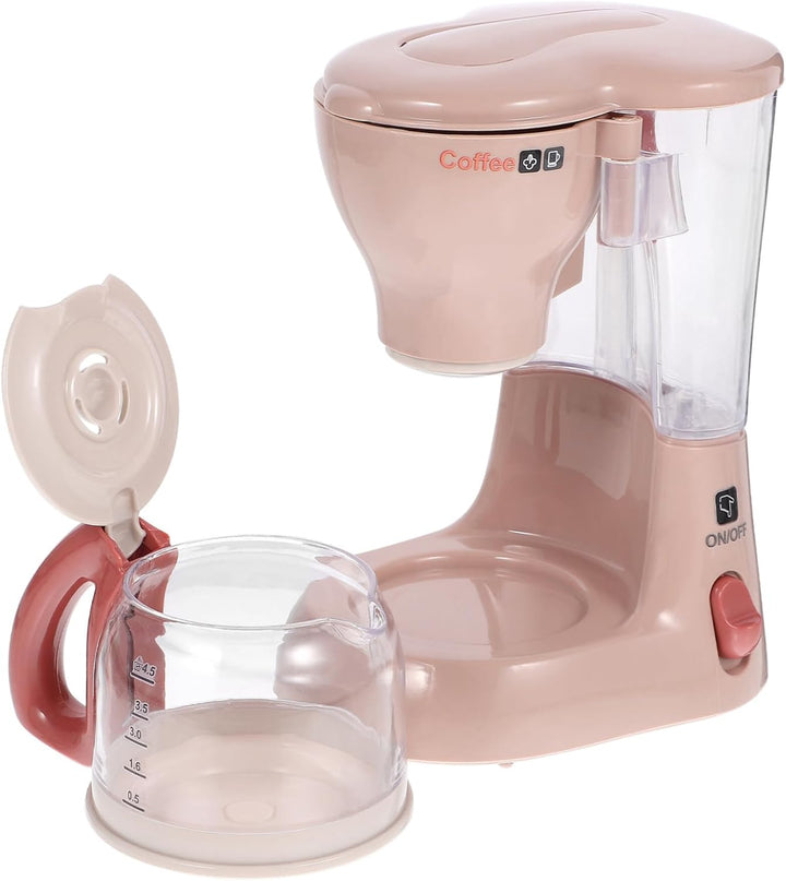 Pink toy coffee maker with a clear reservoir and a coffee pot with its lid open.