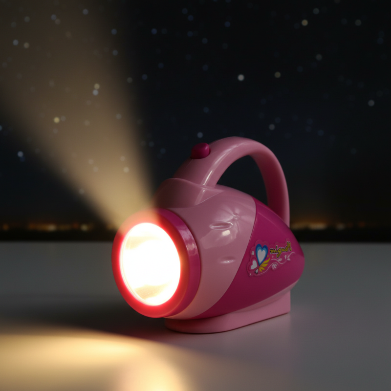 Pink toy flashlight with a carry handle and illuminated beam