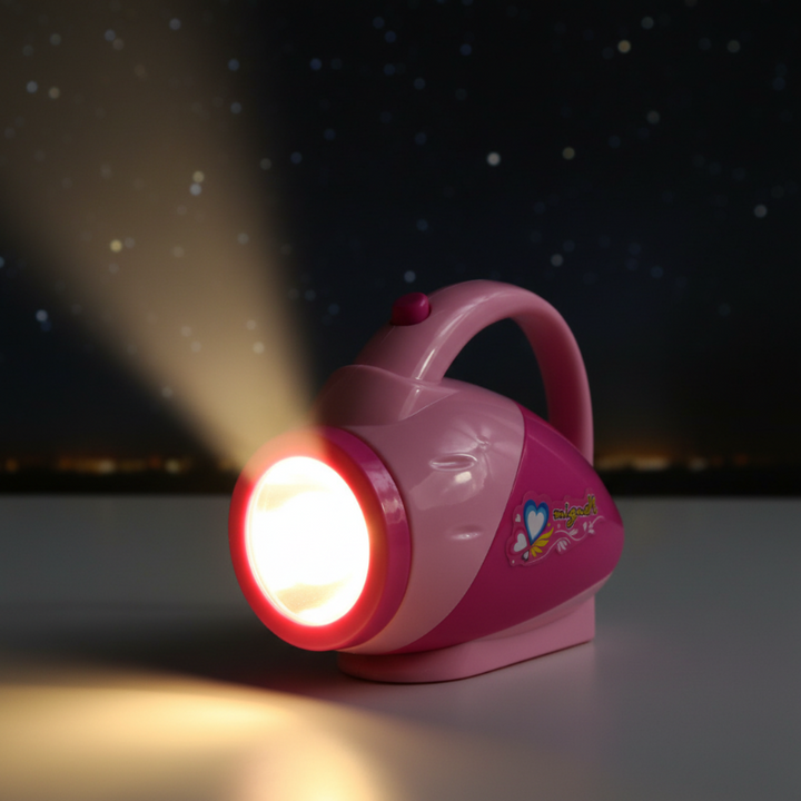 Pink toy flashlight with a carry handle and illuminated beam