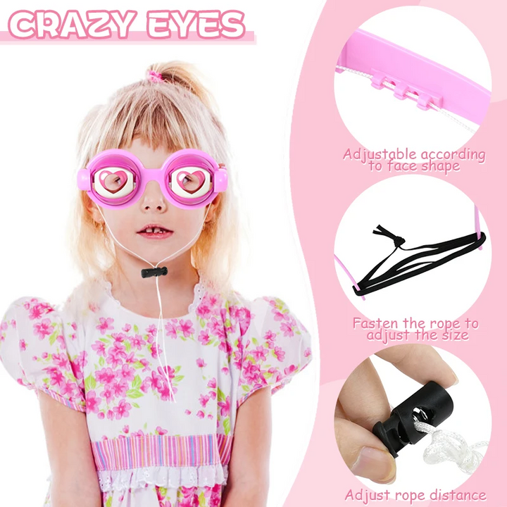 Child wearing pink heart-eye glasses beside close-ups of the adjustable arms and cord