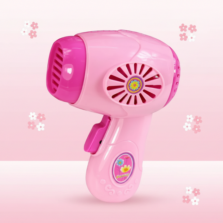 Pink toy hair dryer with a short handle and circular side vent