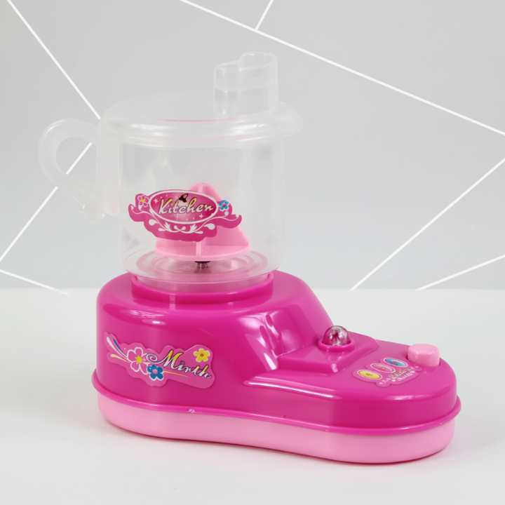 Pink toy juicer with a clear handled container and button controls
