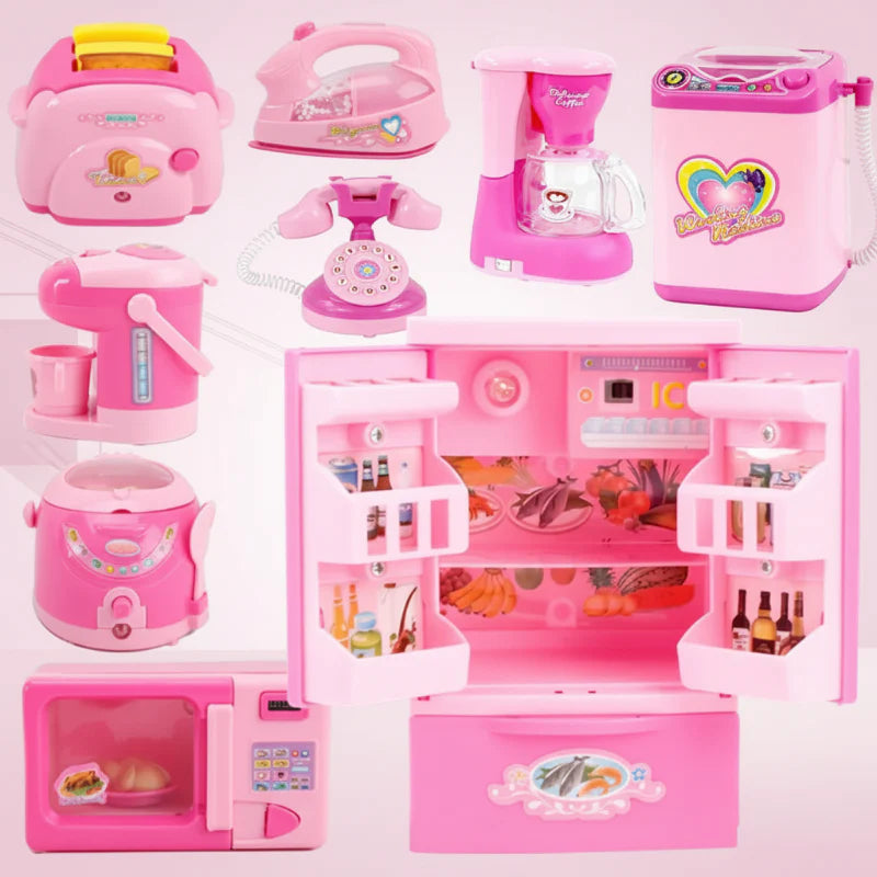 Pink toy kitchen appliances with an open refrigerator, microwave, blender, toaster, and rice cooker