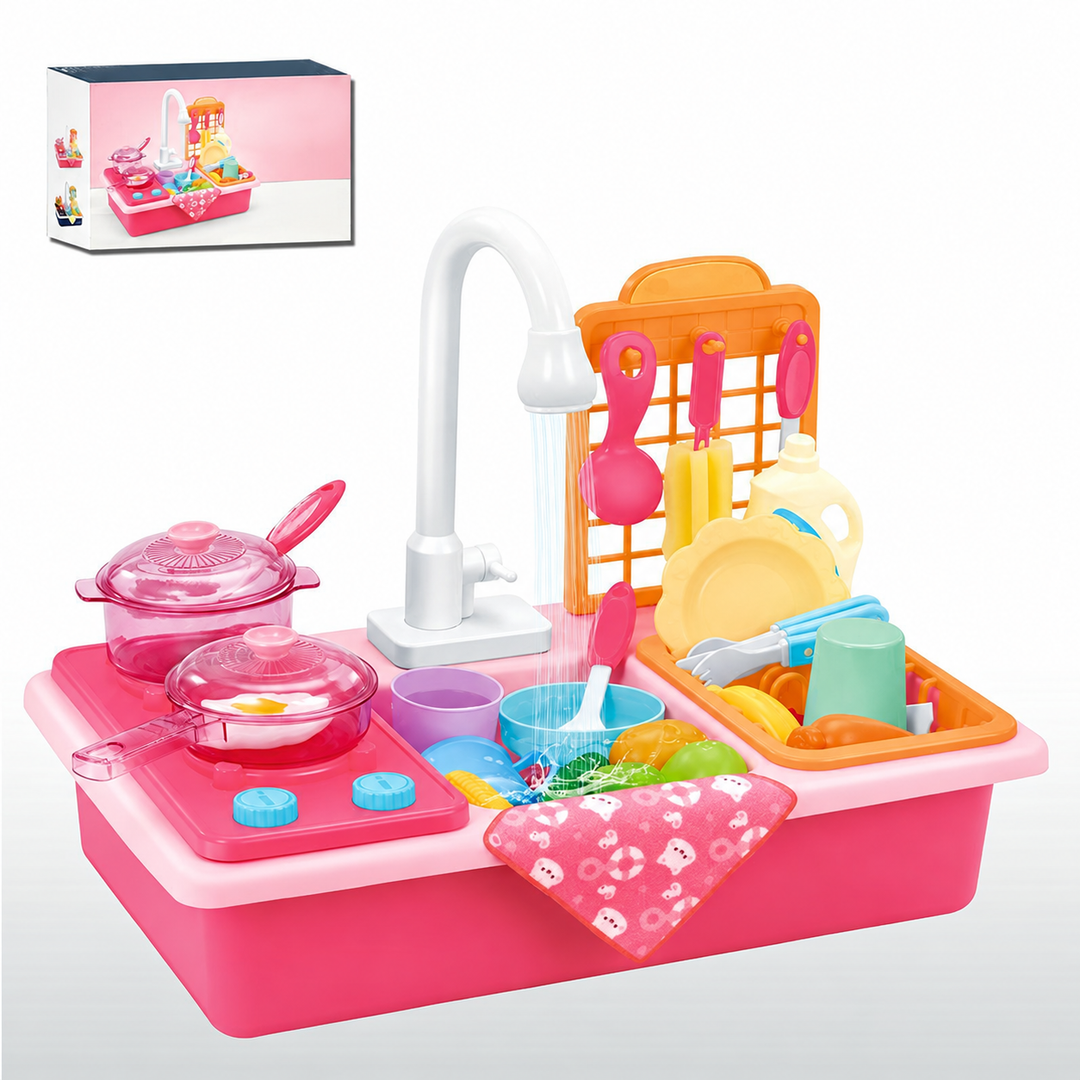 Pink toy kitchen with pots, dishes, hanging utensils, and packaging