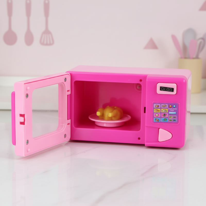 Pink toy microwave with an open door, keypad, and pretend food on a plate