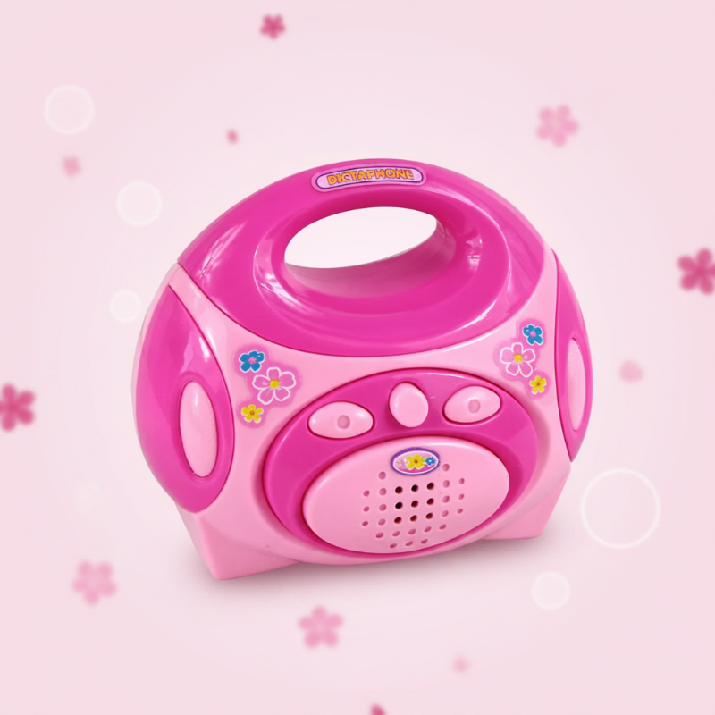 Pink toy radio with a carry handle, front buttons, and speaker grille