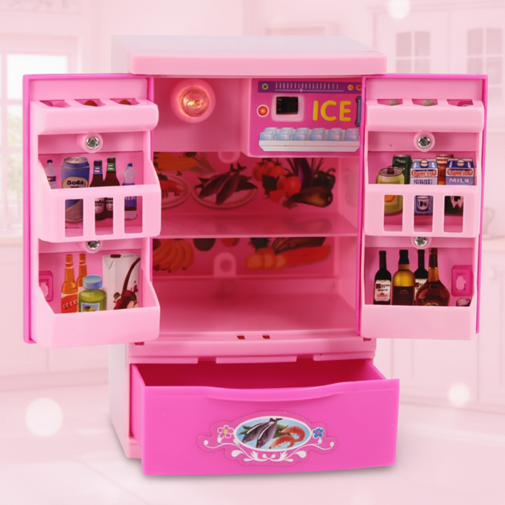 Pink toy refrigerator with open doors, printed food details, and a pull-out lower drawer