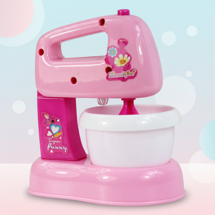 Pink toy stand mixer with a white bowl and handled mixer top