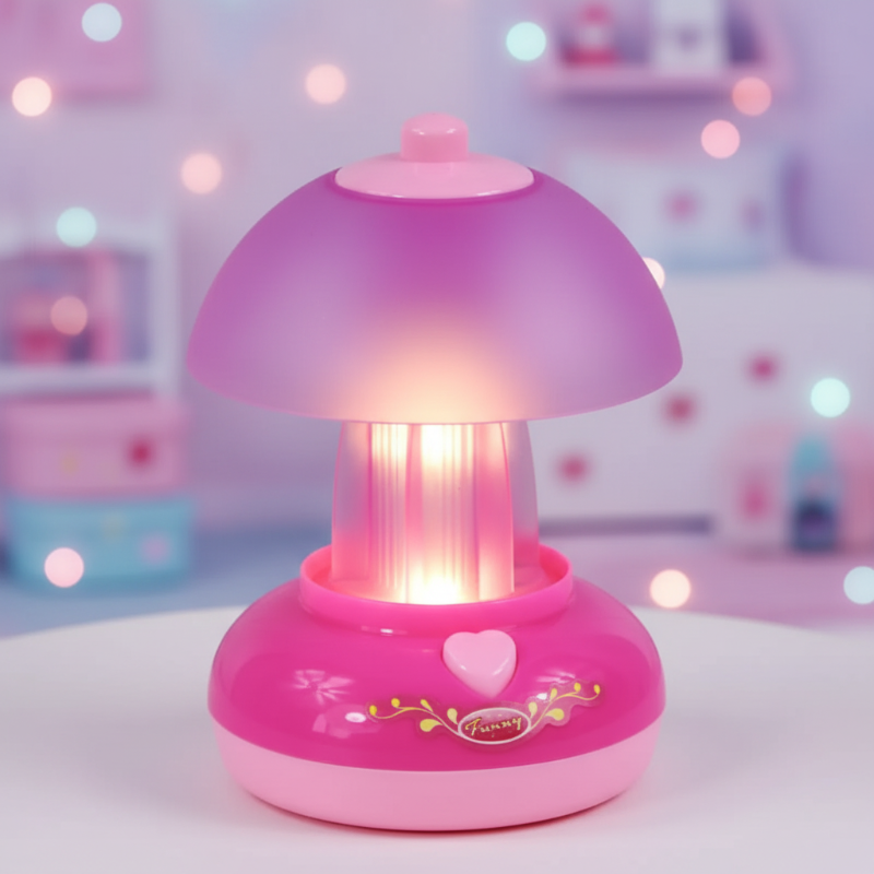 Pink toy table lamp with a glowing center and a heart detail on the base