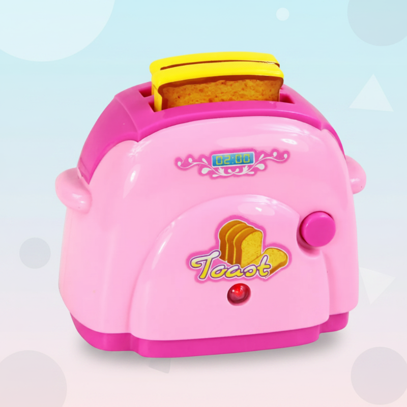 Pink toy toaster with a pretend bread slice and front controls