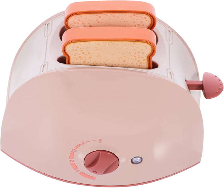Pink toy toaster with two pretend bread slices, a side lever, and a front dial.