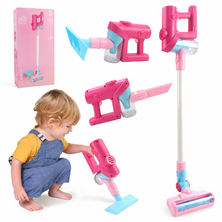 Pink toy vacuum with blue attachments shown in upright and handheld setups beside its packaging