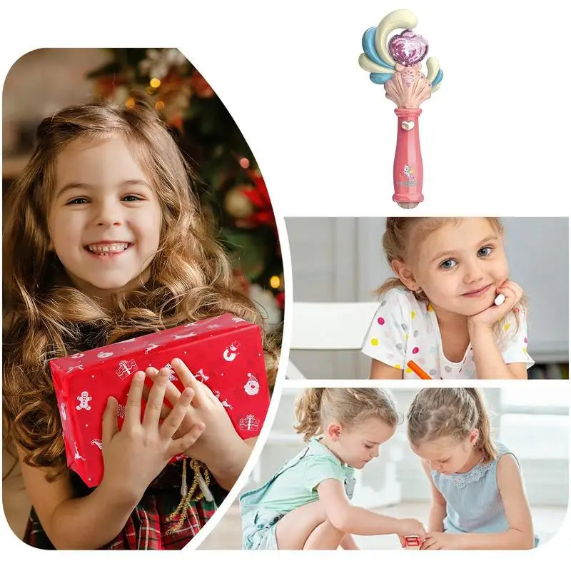 Gift-themed collage showing children, a wrapped present, and a pink toy wand