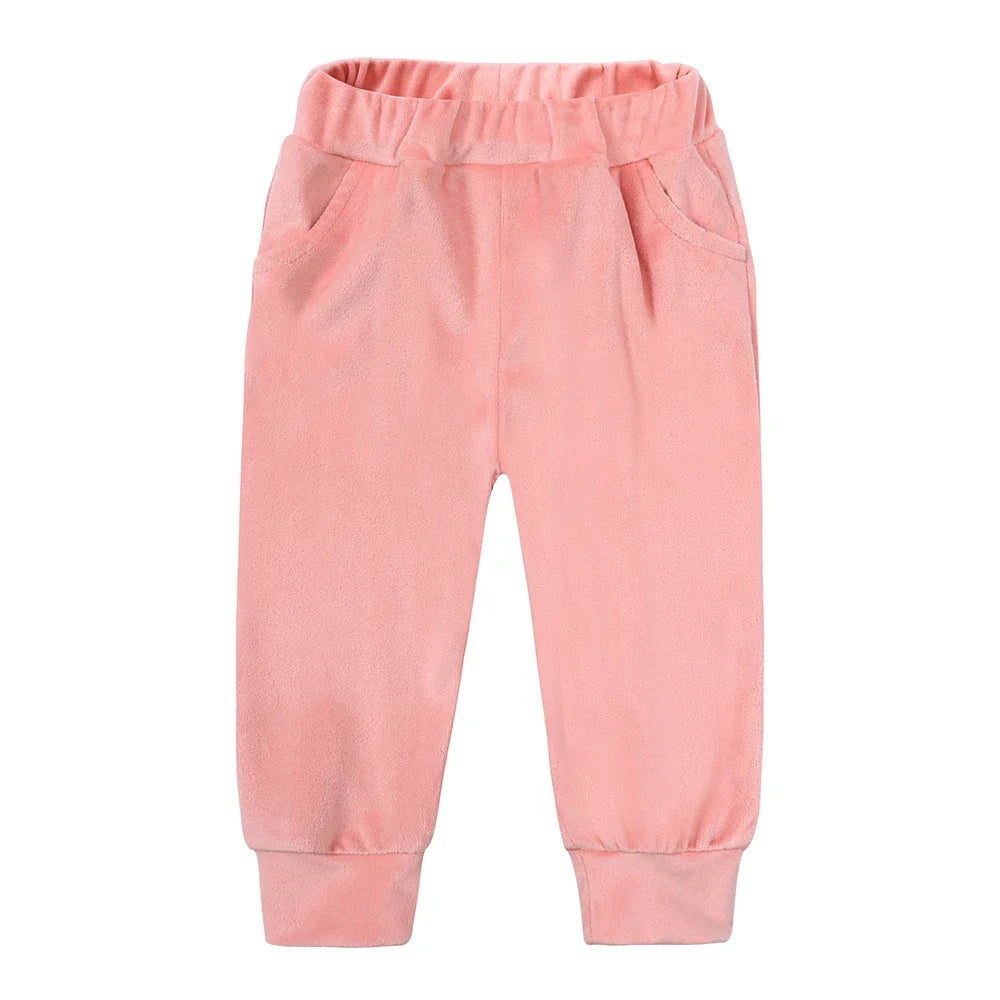 Pink pants with an elastic waistband, side pockets, and cuffed ankles
