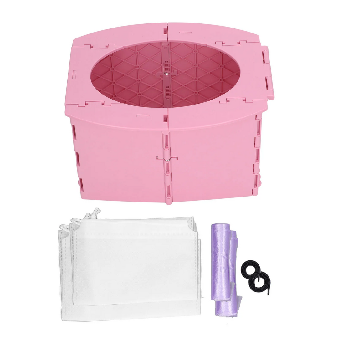 Pink folding potty with a white storage pouch and a roll of disposable bags