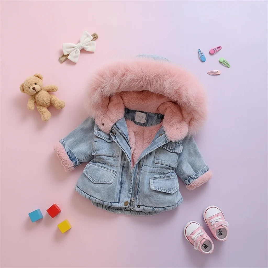 Front view of a denim-look coat with pink hood trim, pink lining, and turned-back cuffs