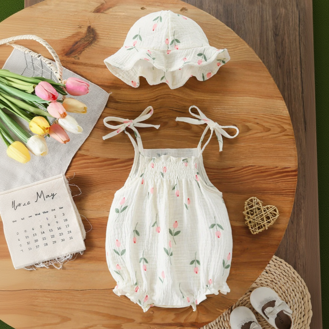 Pink tulip-print baby bodysuit with tie shoulders and a matching hat