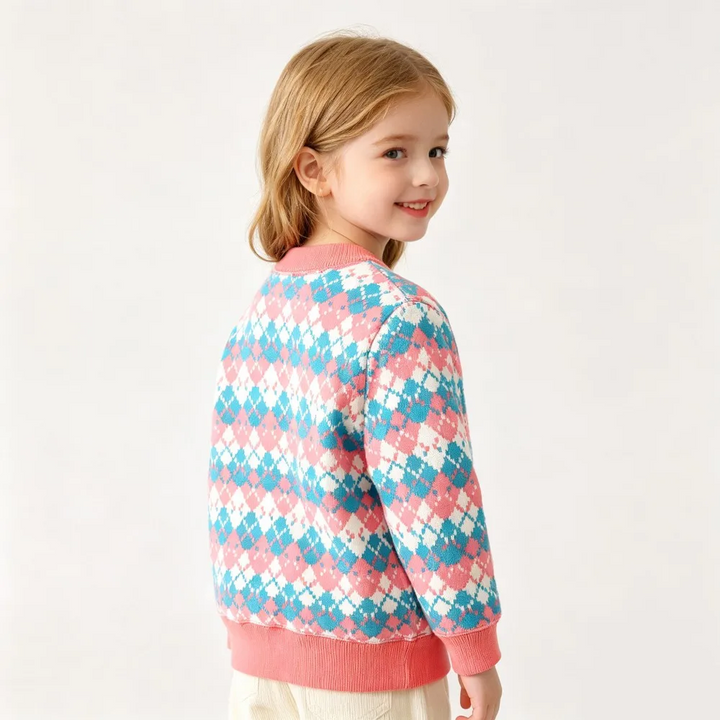 Back view of a pink and turquoise diamond-pattern cardigan with pink cuffs and hem