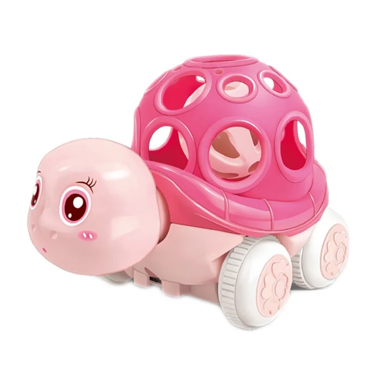 Pink turtle toy car with a dark pink open shell and white wheels