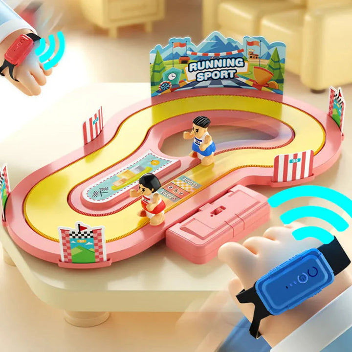 Pink two-lane racing track with runner figures and red and blue wrist sensors.