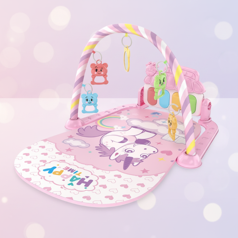 Pink unicorn-print baby play gym with a pastel arch and four colorful hanging rattles