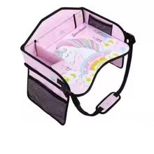 Pink travel tray with a unicorn print, raised sides and a mesh storage pocket